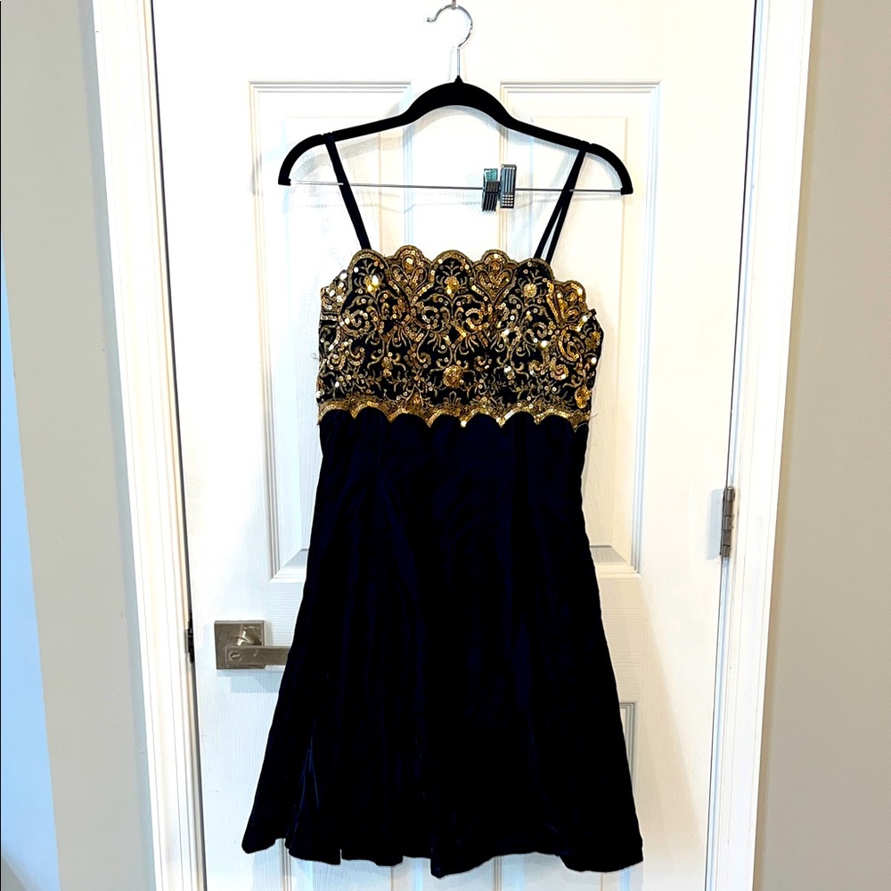 Vintage 90s Dark Navy/gold Jessica McClintock Gunne Sax dress sz 9/10